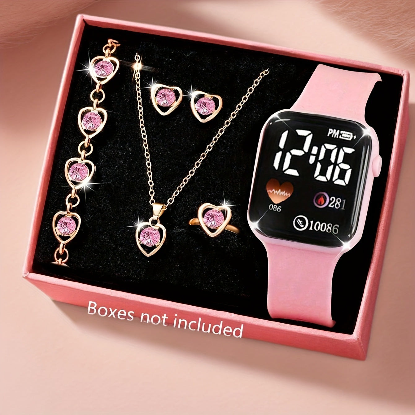 Minimalist And Compact Heart-Shaped Dial Square LED Watch Necklace Earrings Ring Set