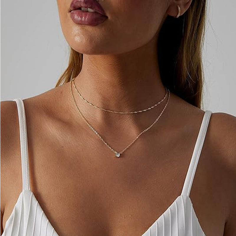 Dainty Diamond Solitaire Pendant Necklaces For Women, 14K Gold Plated Single Round Cubic Zirconia Square Simulated Diamond Choker Necklace Jewelry Gifts