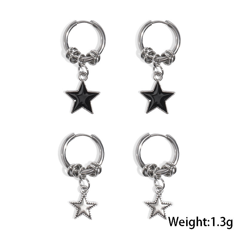 Punk-style Stainless Steel Double-circle Ear Cuffs With A Five-pointed Chic Minimalist Star Pendant Earrings