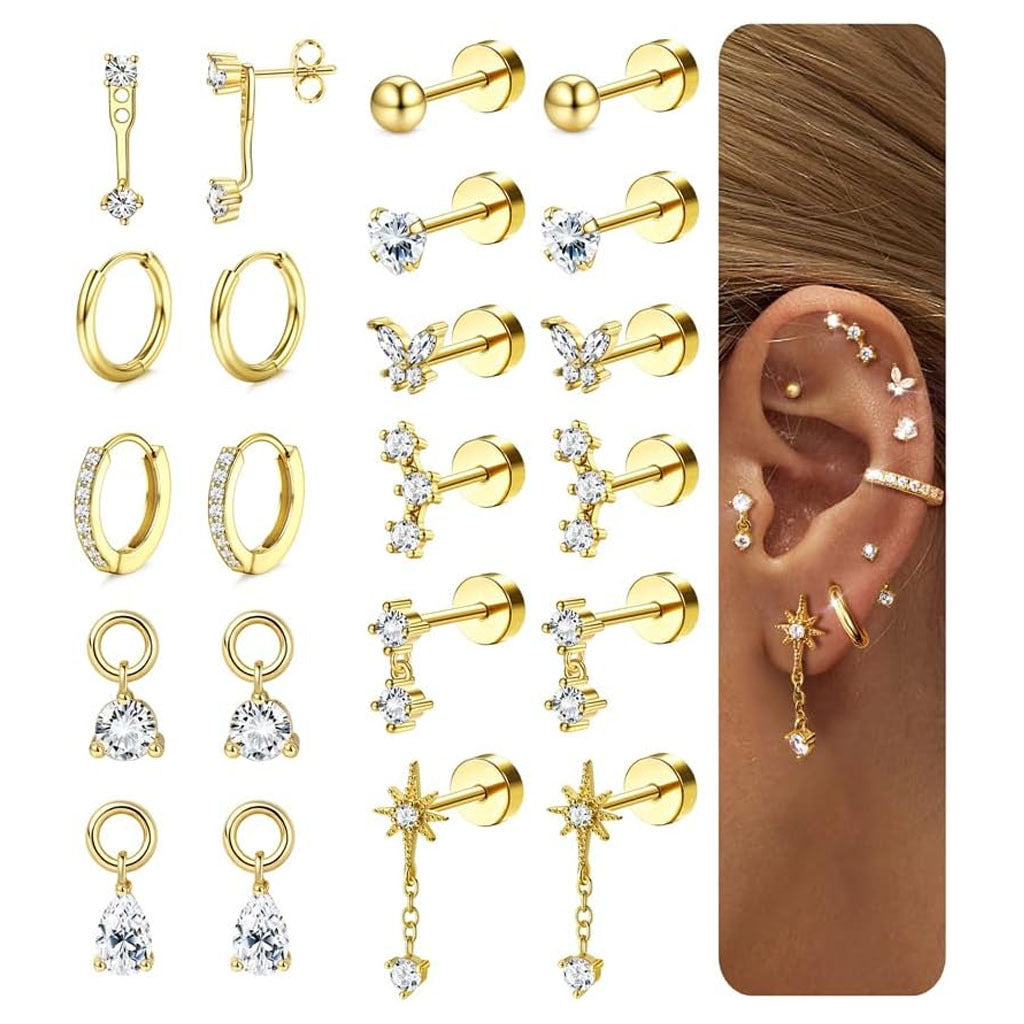 Real Gold-Plated Zircon Stud Earring Set