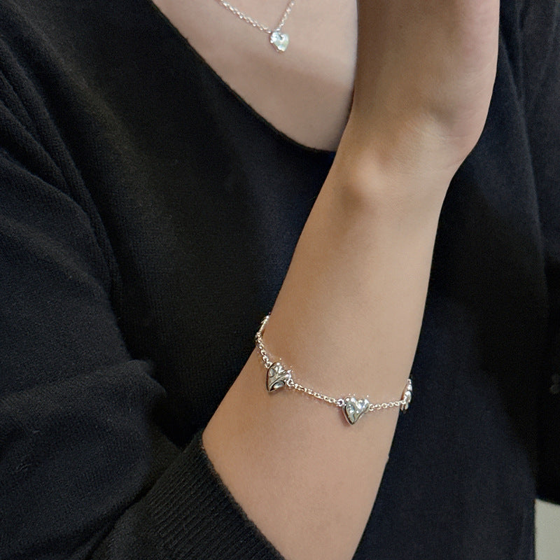 S925 Sterling Silver Textured Pleated Heart Bracelet