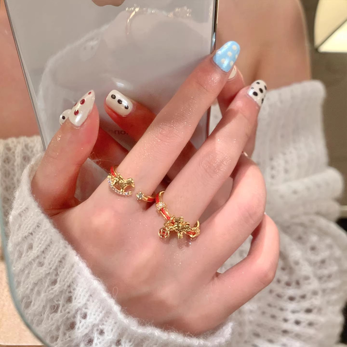 2PC Women's New Chinese Style  Red String Ring, Light Luxury High-end Niche Index Finger Band