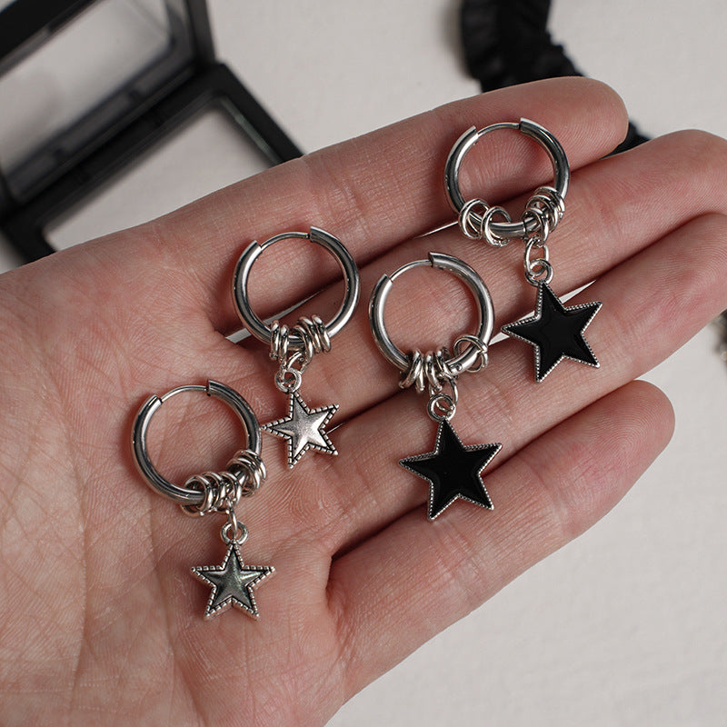Punk-style Stainless Steel Double-circle Ear Cuffs With A Five-pointed Chic Minimalist Star Pendant Earrings