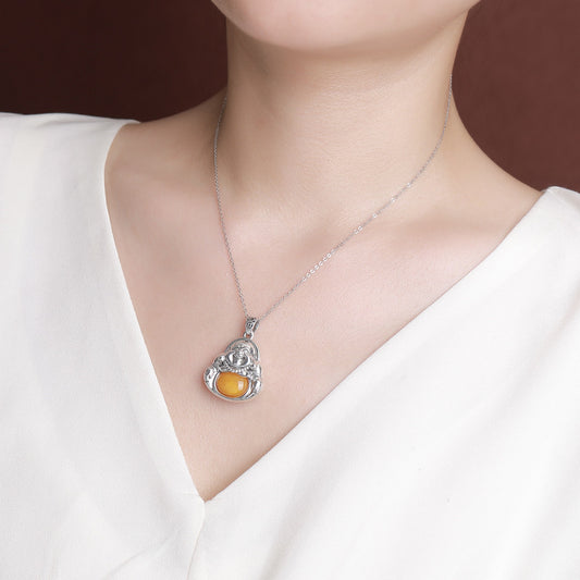 Blood Amber Ancient Coin Maitreya Buddha Pendant