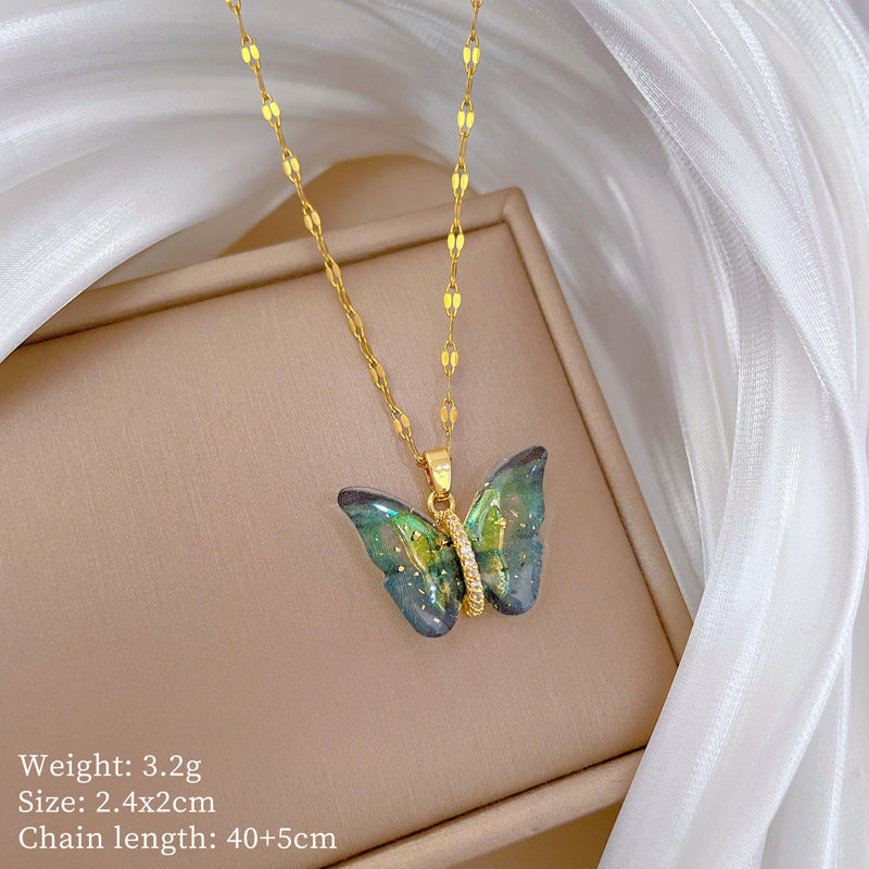 Titanium Steel Colorful Butterfly Full-Diamond Necklace