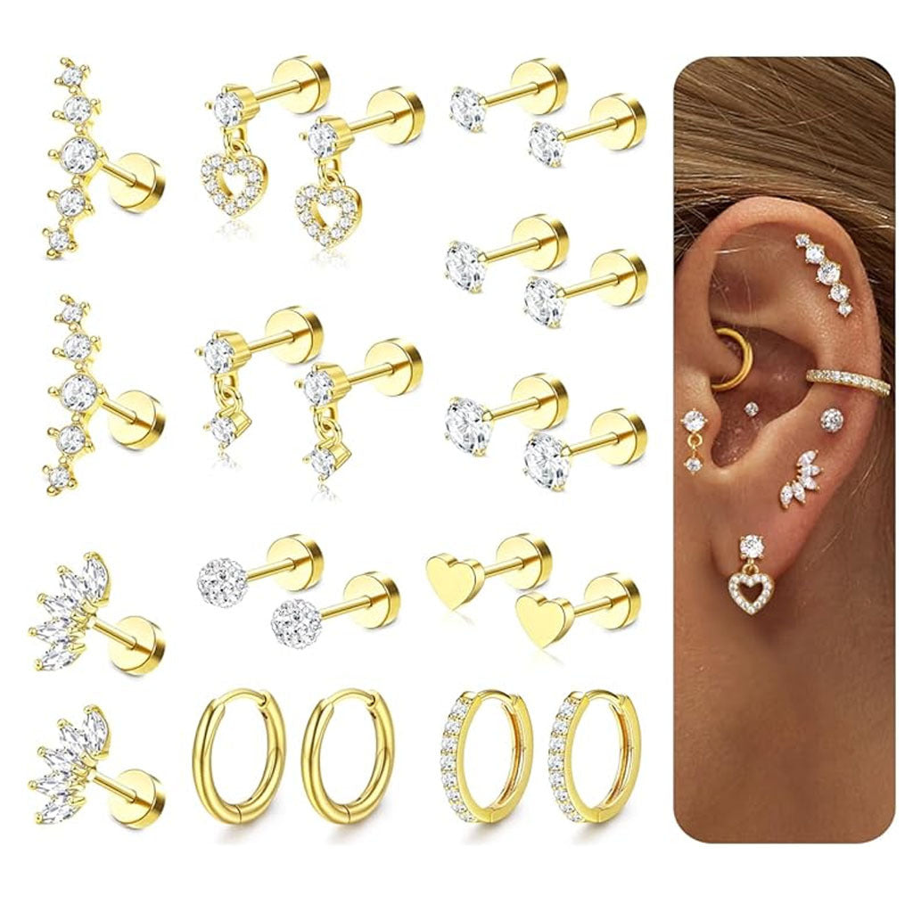 Real Gold-Plated Zircon Stud Earring Set