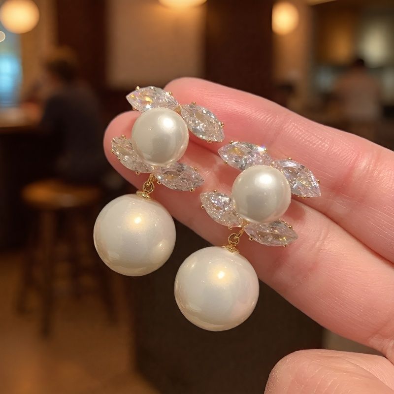 Pearl Stud Earrings With Zircon Accents Fashionable Ear Jewelry
