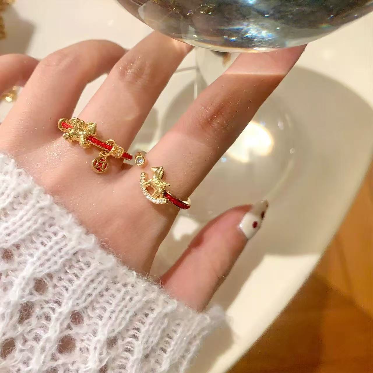 2PC Women's New Chinese Style  Red String Ring, Light Luxury High-end Niche Index Finger Band