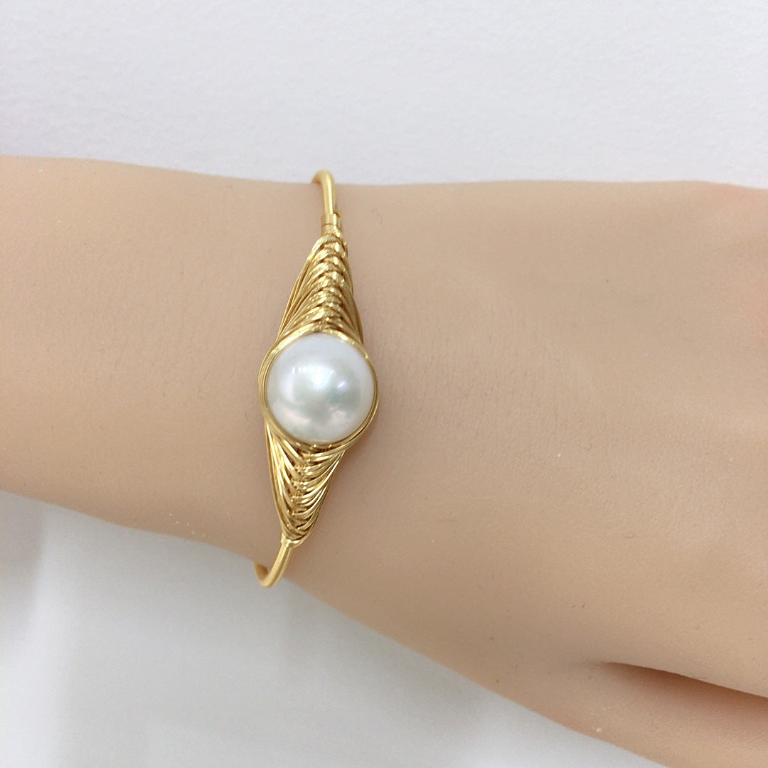 Designer-style Wrapped-wire Handmade Bracelet Featuring Sizable Natural Freshwater Pearls