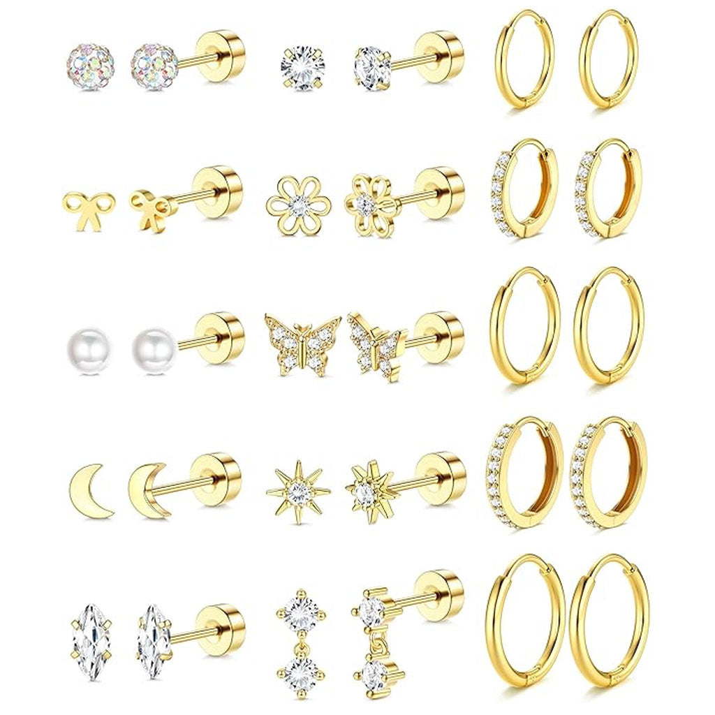 Real Gold-Plated Zircon Stud Earring Set