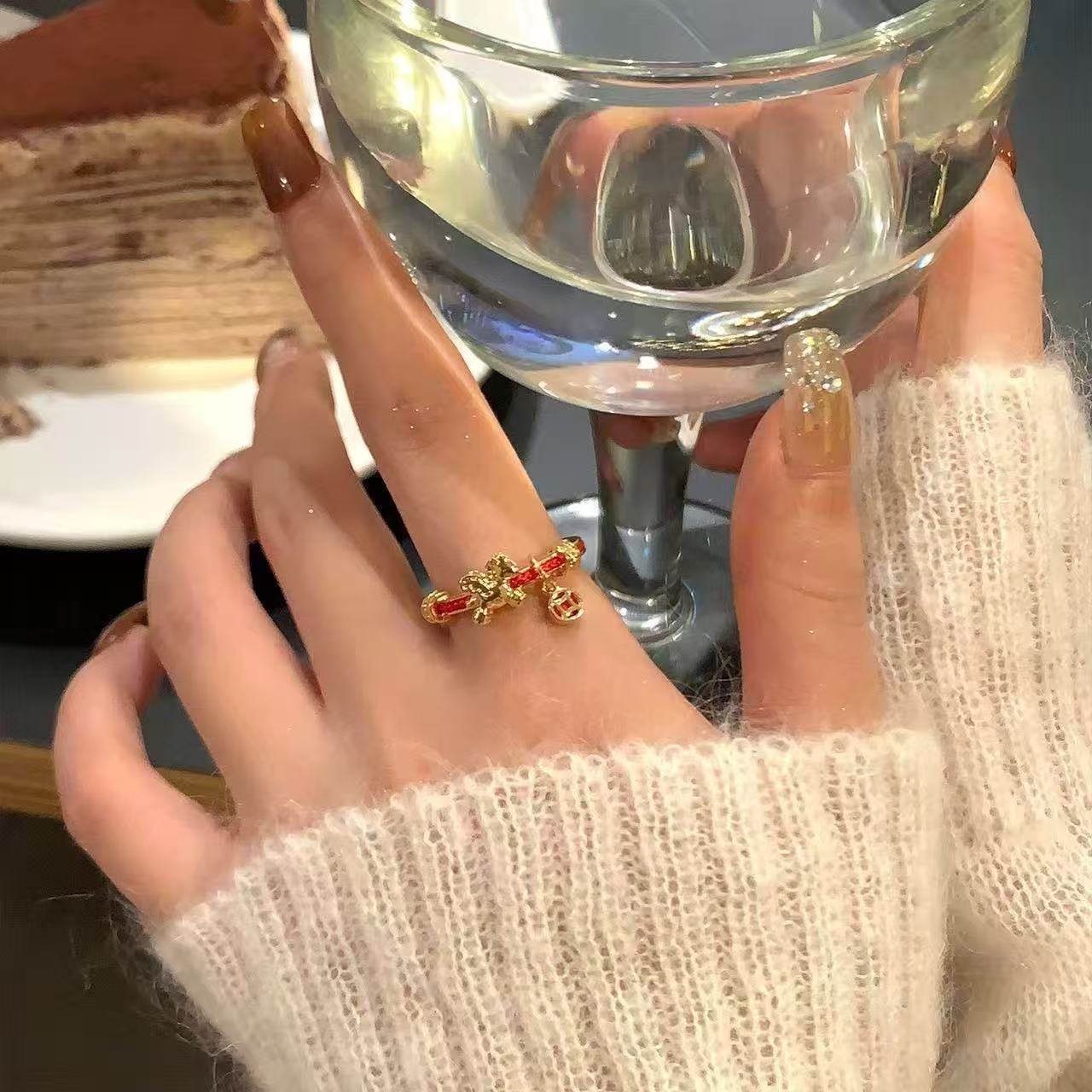 2PC Women's New Chinese Style  Red String Ring, Light Luxury High-end Niche Index Finger Band