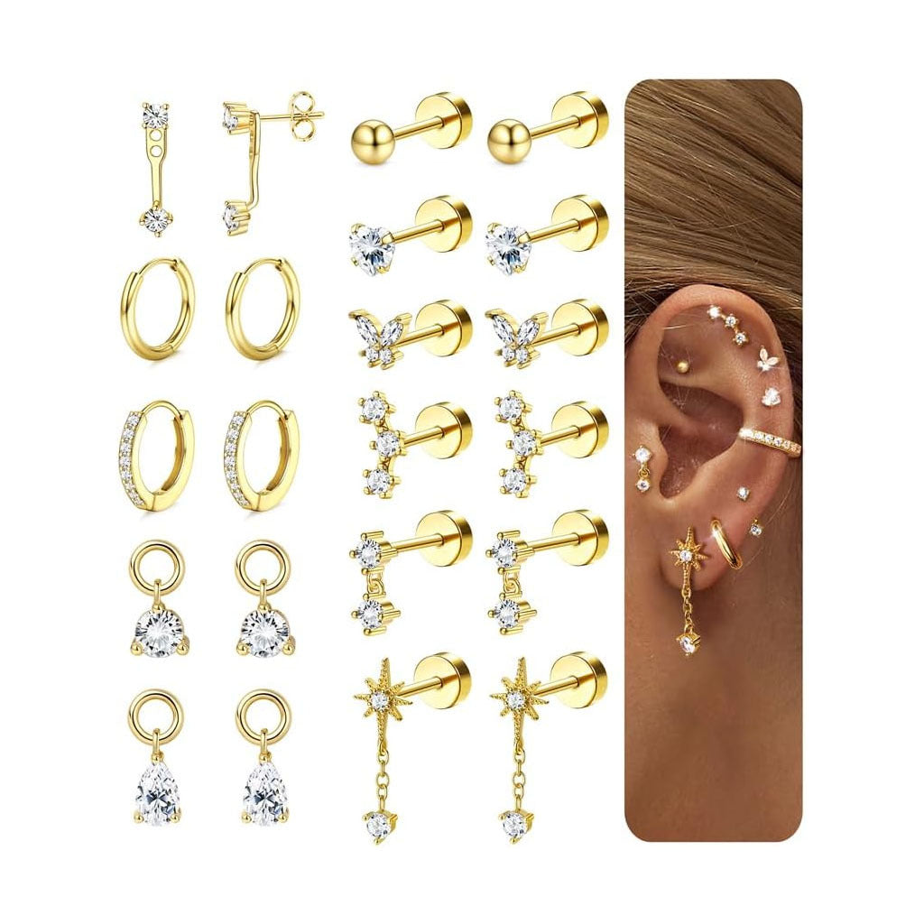 Real Gold-Plated Zircon Stud Earring Set