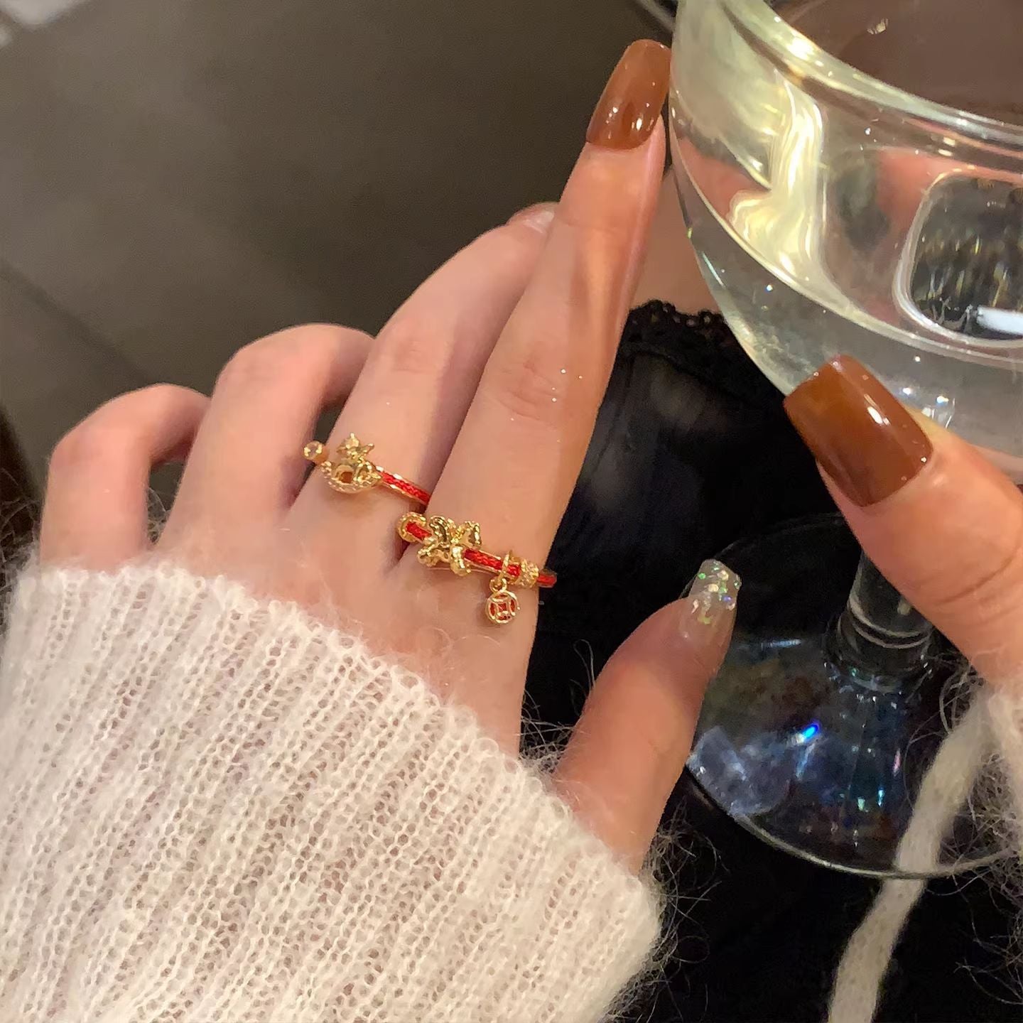 2PC Women's New Chinese Style  Red String Ring, Light Luxury High-end Niche Index Finger Band