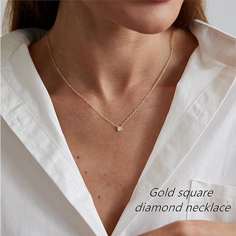Dainty Diamond Solitaire Pendant Necklaces For Women, 14K Gold Plated Single Round Cubic Zirconia Square Simulated Diamond Choker Necklace Jewelry Gifts