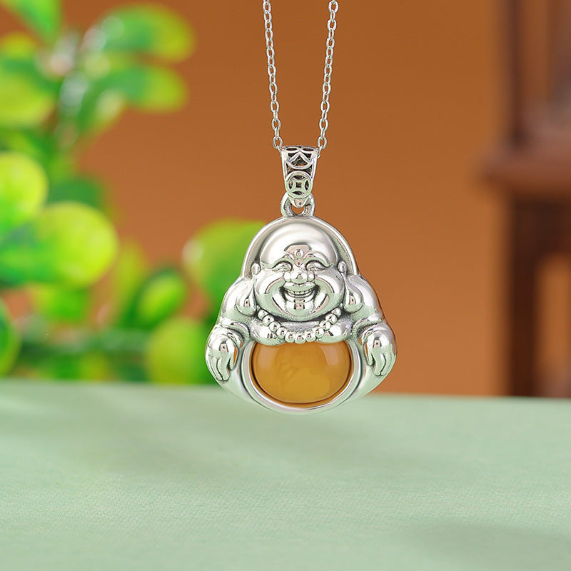 Blood Amber Ancient Coin Maitreya Buddha Pendant